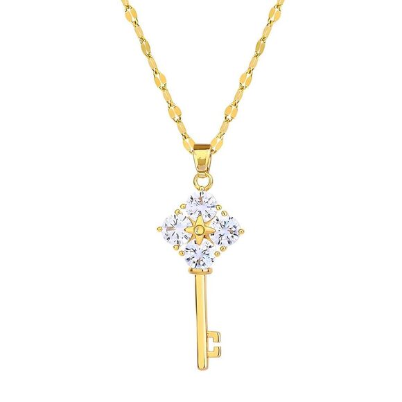 18K Gold Plated Women's Key Pendant Necklace Cubic Zirconia Waterproof Jewelry - Picture 1 of 14